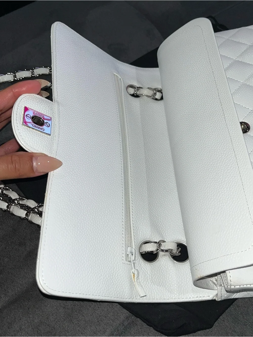 Authentic White CHANEL Caviar Small Classic Double-Flap with Silver Hardware